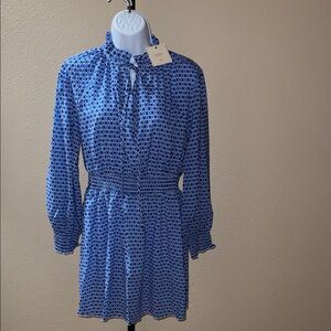 NWT RIHOAS Blue Lapis Tile Long Sleeve Ruffle Split Neck Dress Women’s Size M